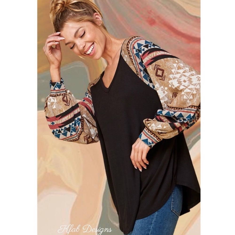 New! Sale 🔥Tribal Aztec V Neck Puff Long Sleeve Super Soft Top - Picture 2 of 8